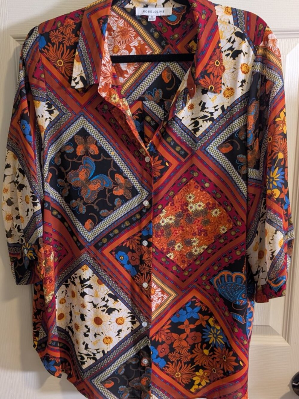 Rose and Olive Womens Plus Size 1X Multi Colored 3/4 Sleeve Blouse